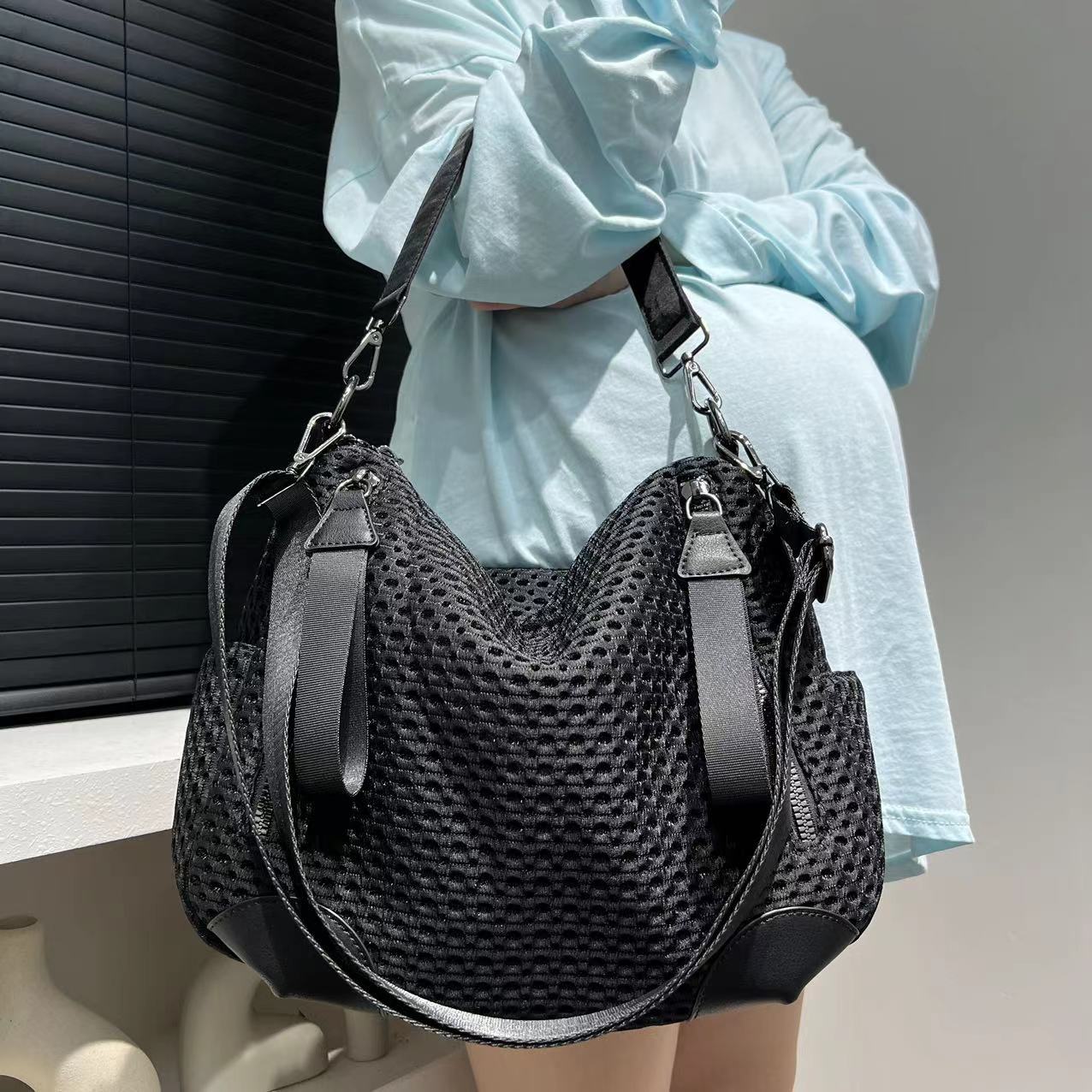 Women Bags For Airport - Fashionable neutral mesh spliced nylon shoulder
