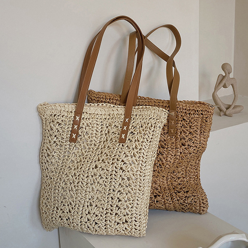 Women Bags Handmade - Square Hollow Straw Beach Bag Handmade