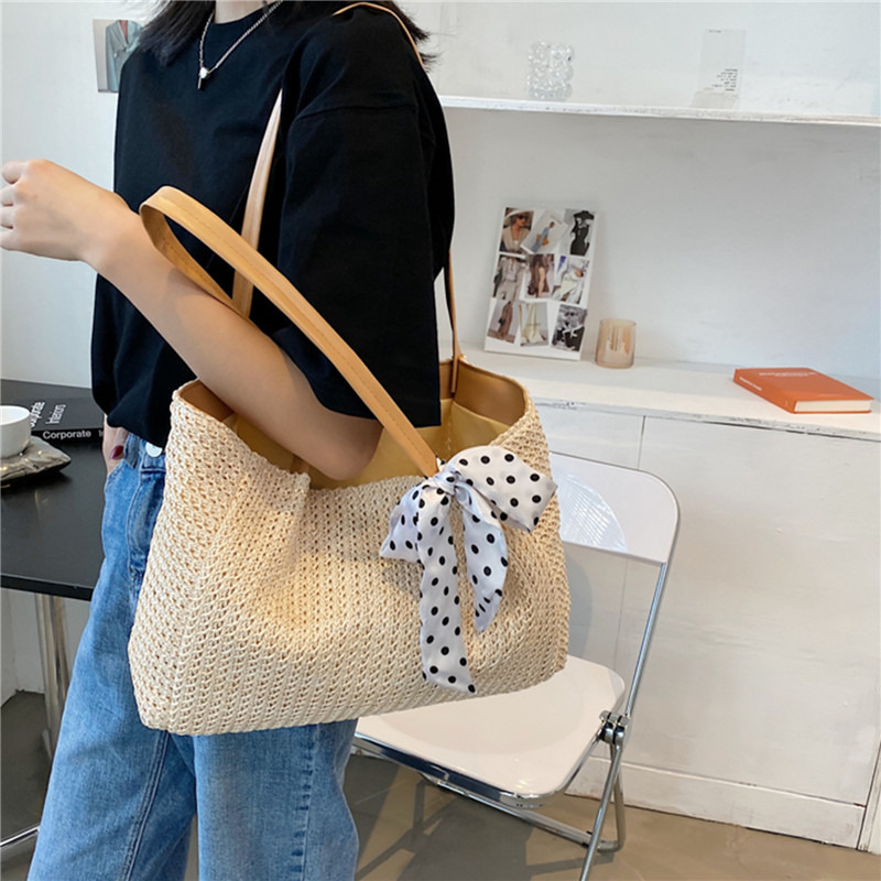 Summer Scarf Bowknot Straw Bag - Women Bags Handmade 评论和价格